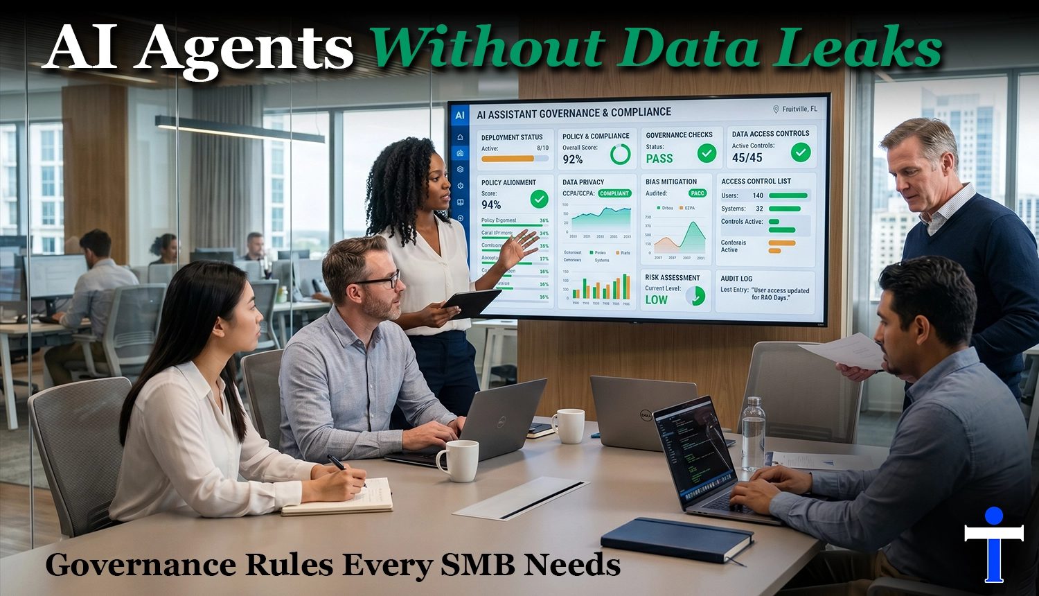 Team reviewing AI governance controls and data policies